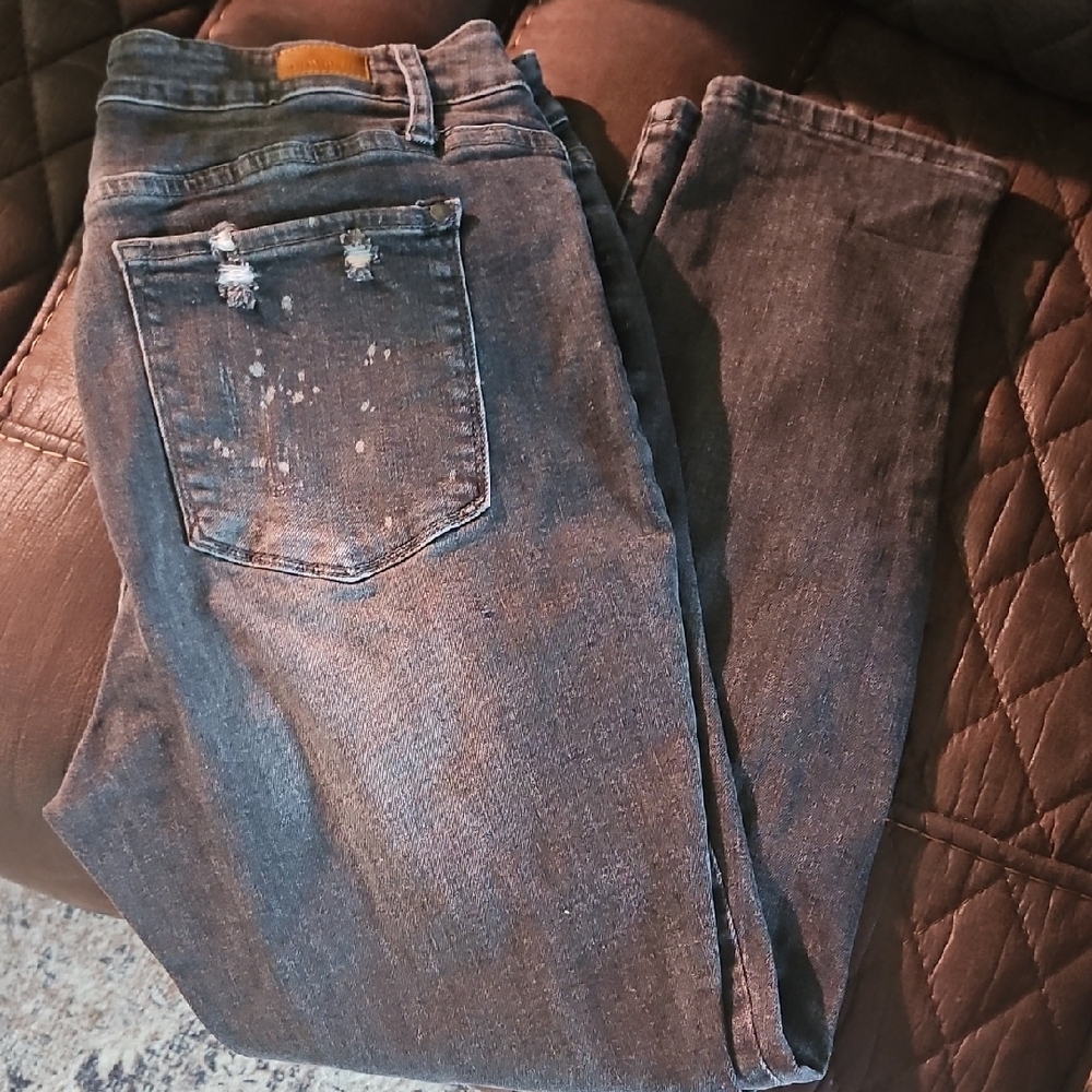 Judy Blue Distressed Boyfriend Fit Jeans - Black Bleach Spatter Size 18 W